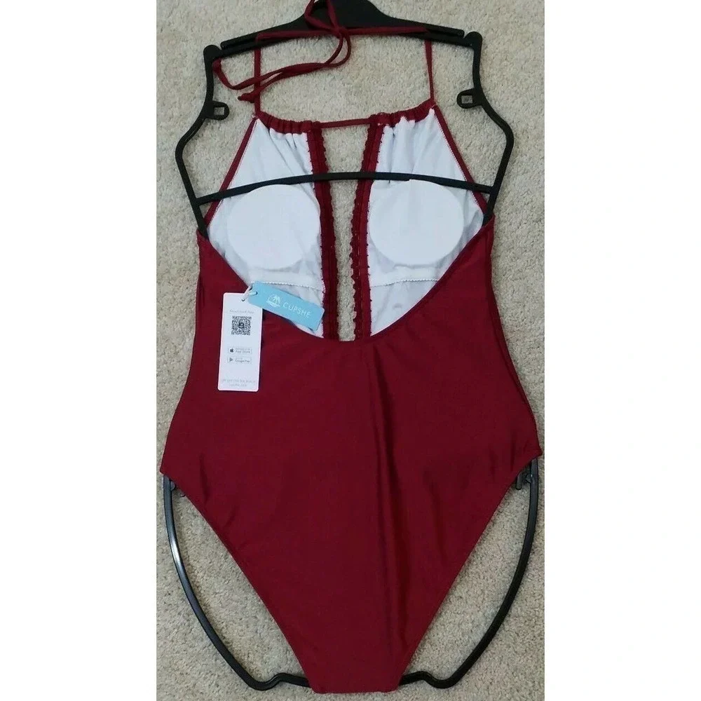 Cupshe Burgundy Deep V Ruffle One-Piece Swimsuit